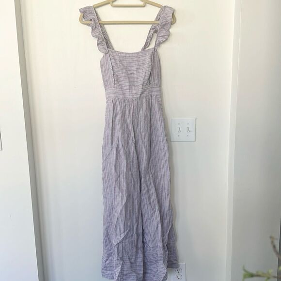Anthropologie  Elevenses Linen Nantucket Ruffle Square Neck Wide Leg Jumpsuit 4 - Picture 2 of 10
